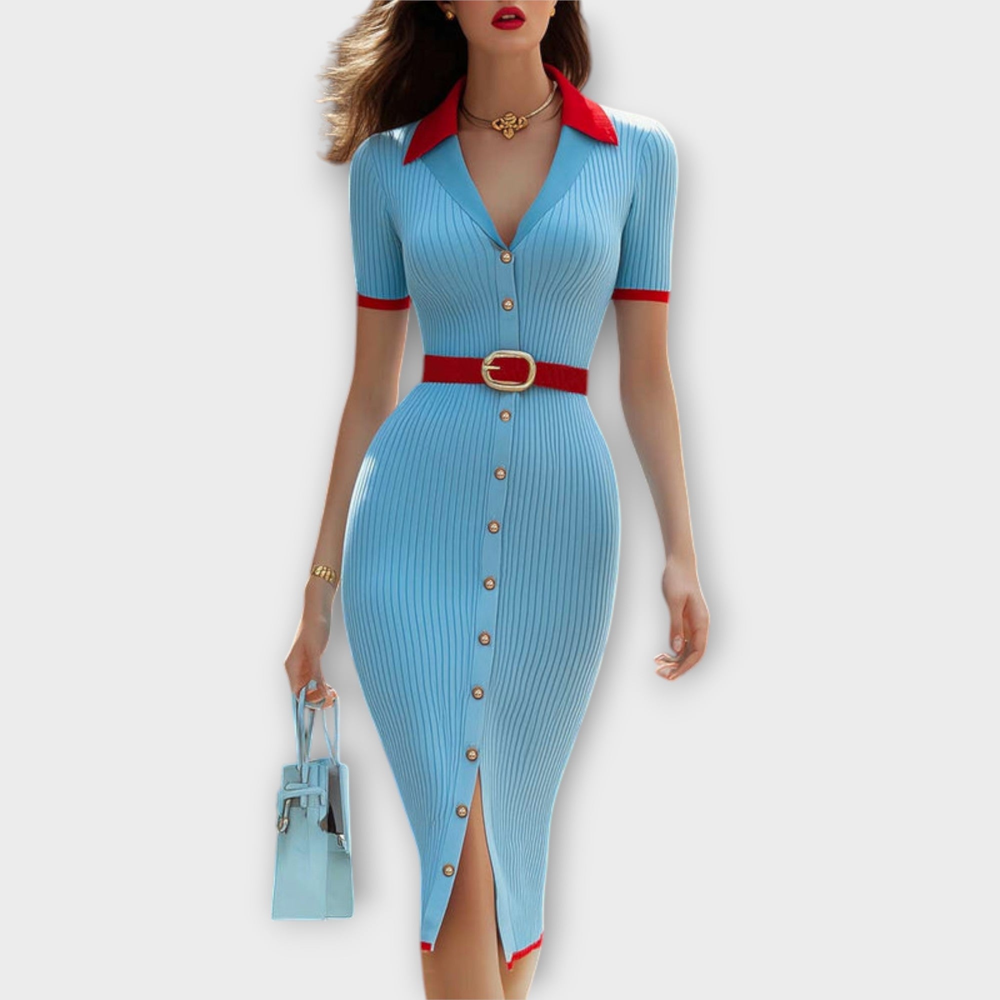 Sina - Schickes Babyblau Geripptes Strick Bleistiftkleid