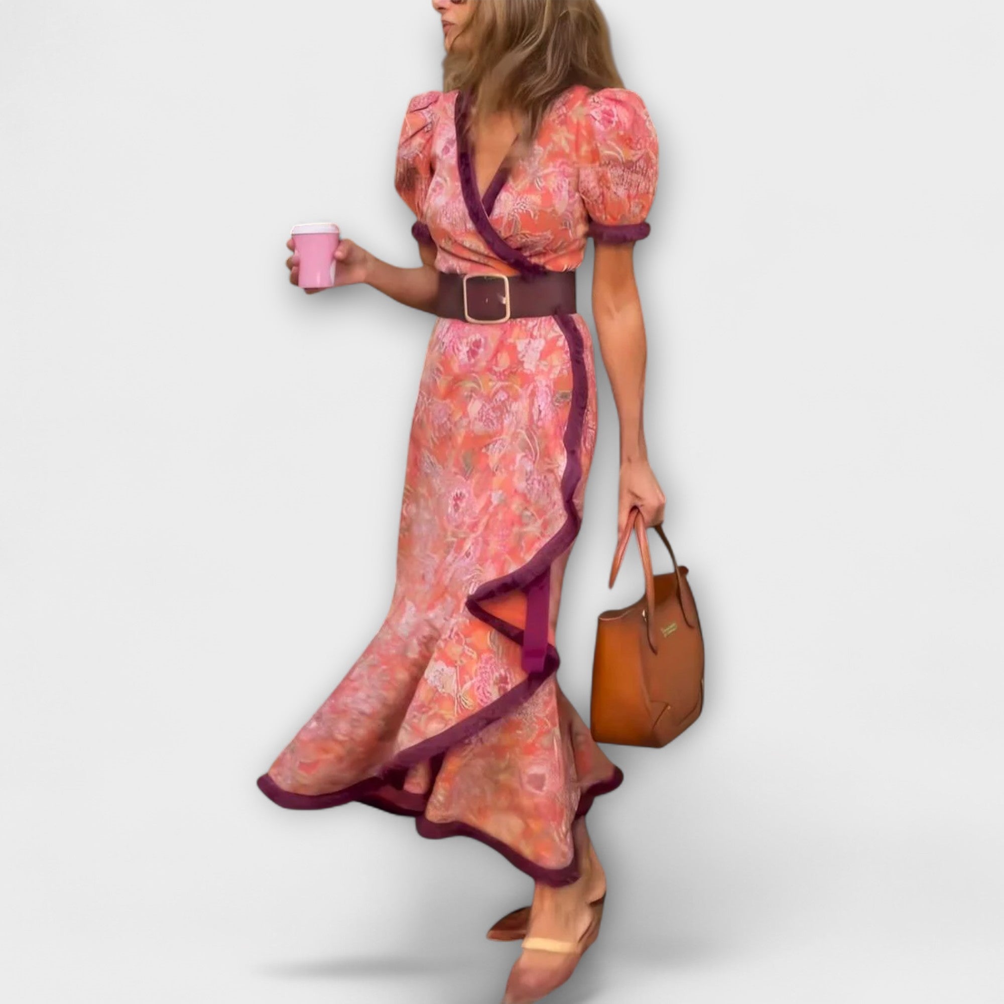Vestido Maxi Elegante Rosa con Mangas Cortas