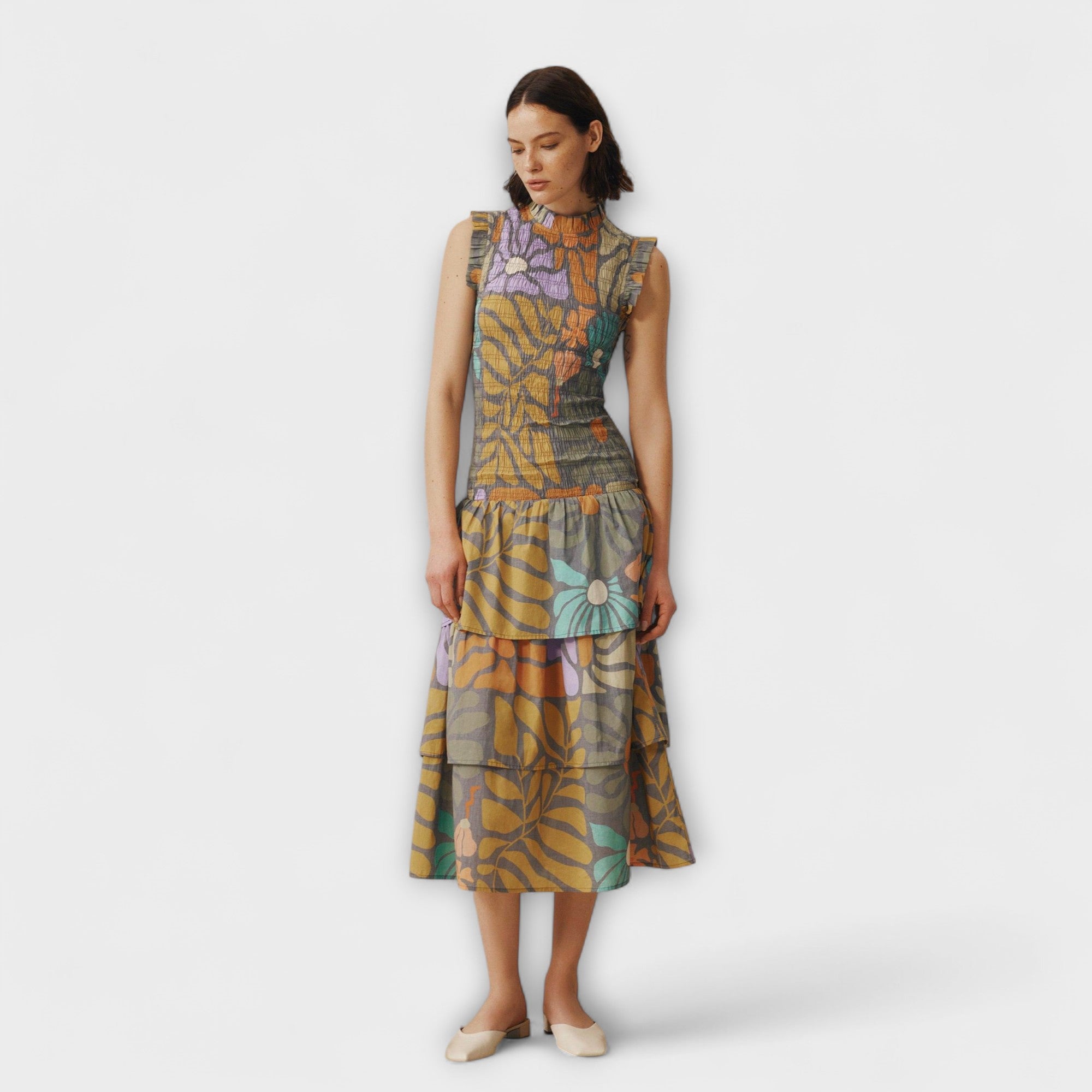 Buntes botanisches Midikleid