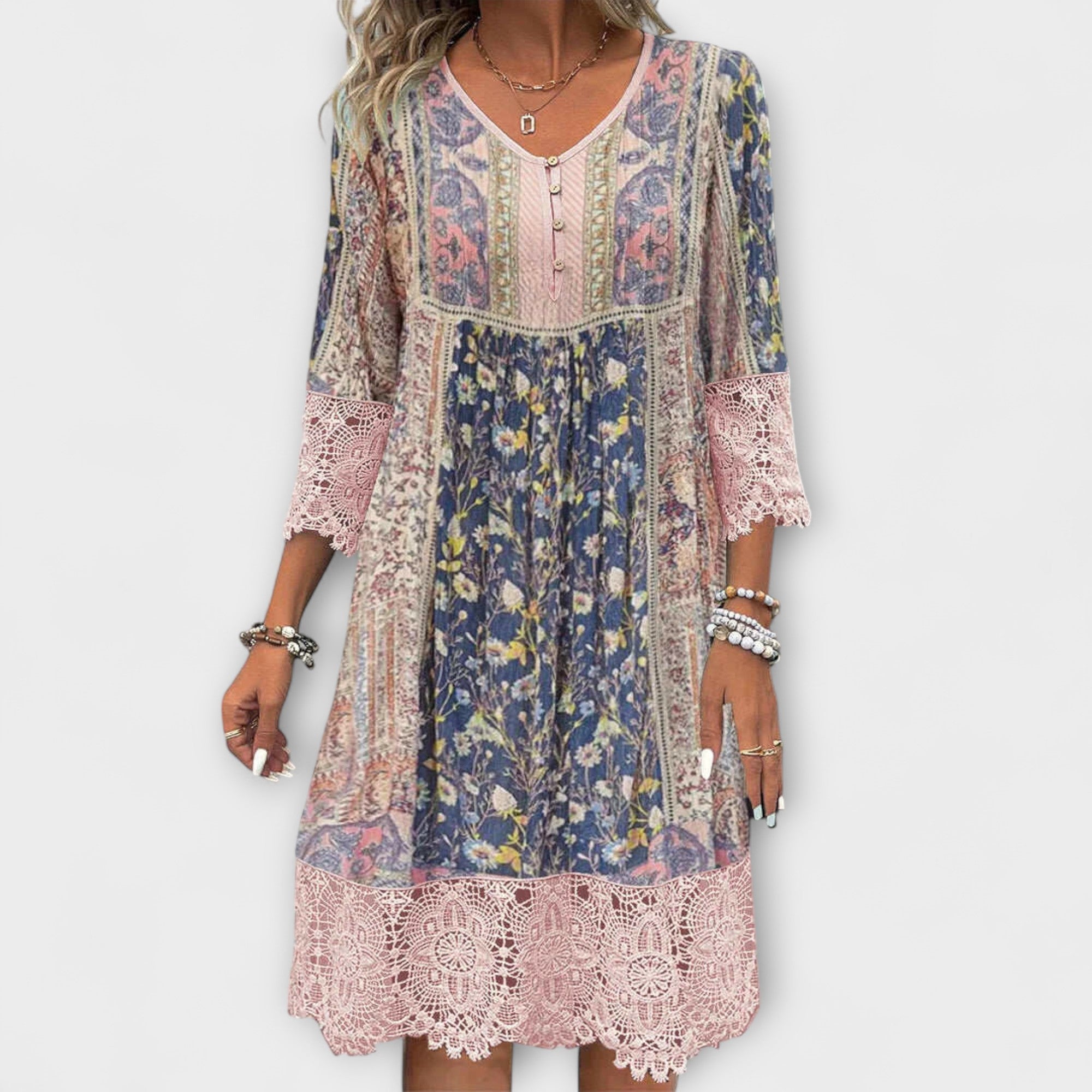 Casey - Vestido bohemio con encaje y patrón floral vintage