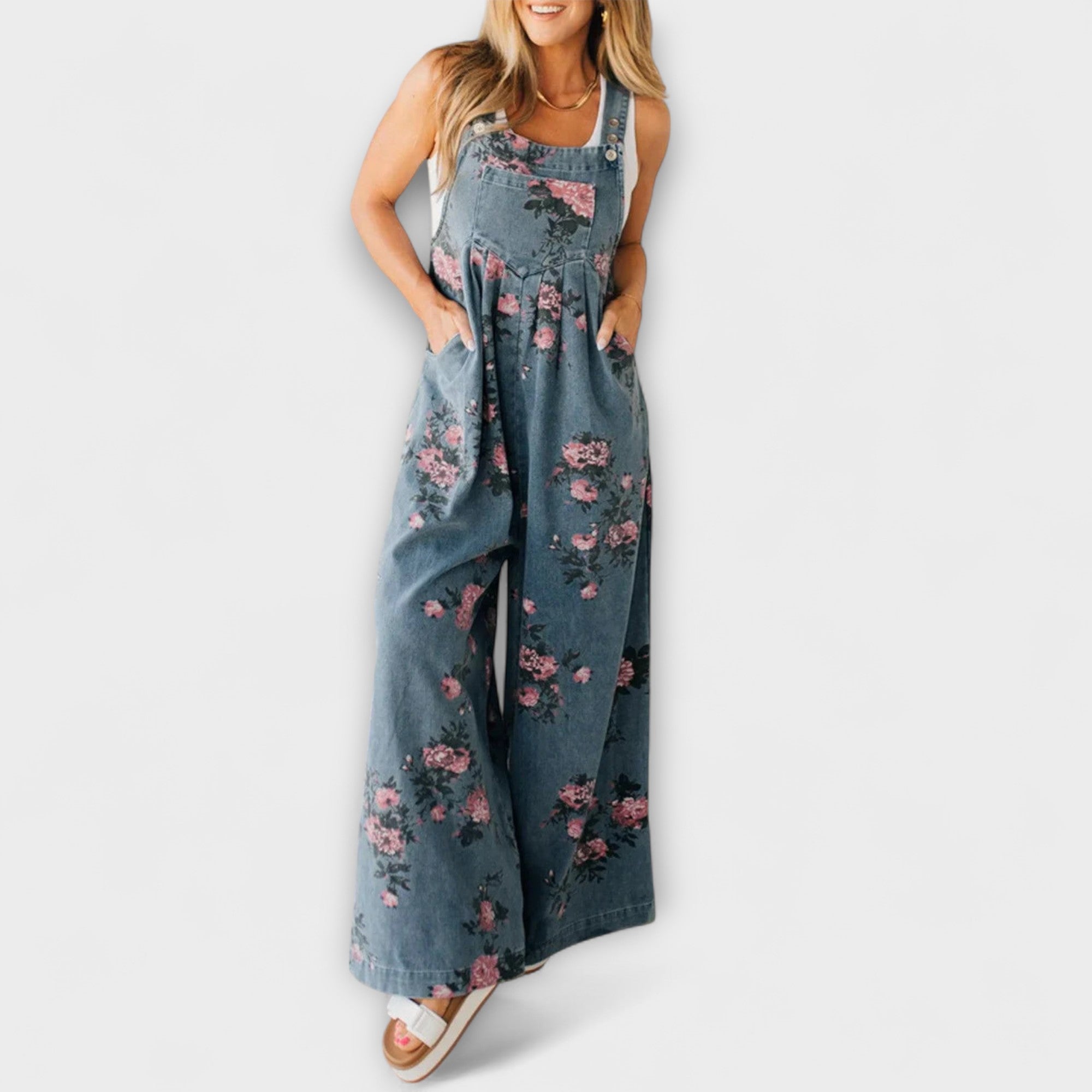 Bethany - Blommigt mönster vida denimoveraller