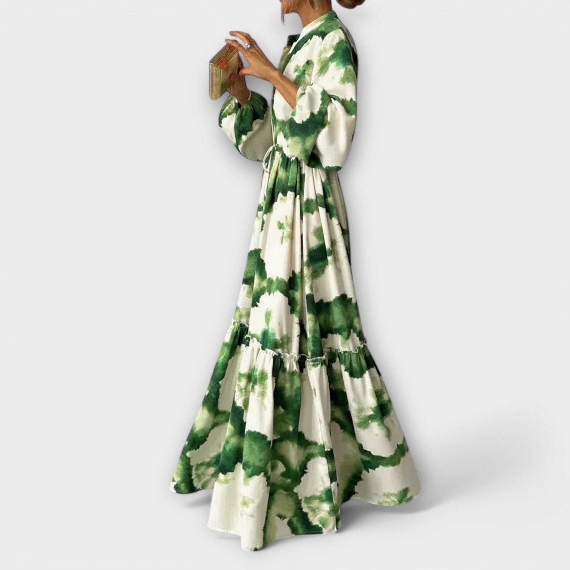 Melina - grünes Maxikleid mit langen Ärmeln und V-Ausschnitt